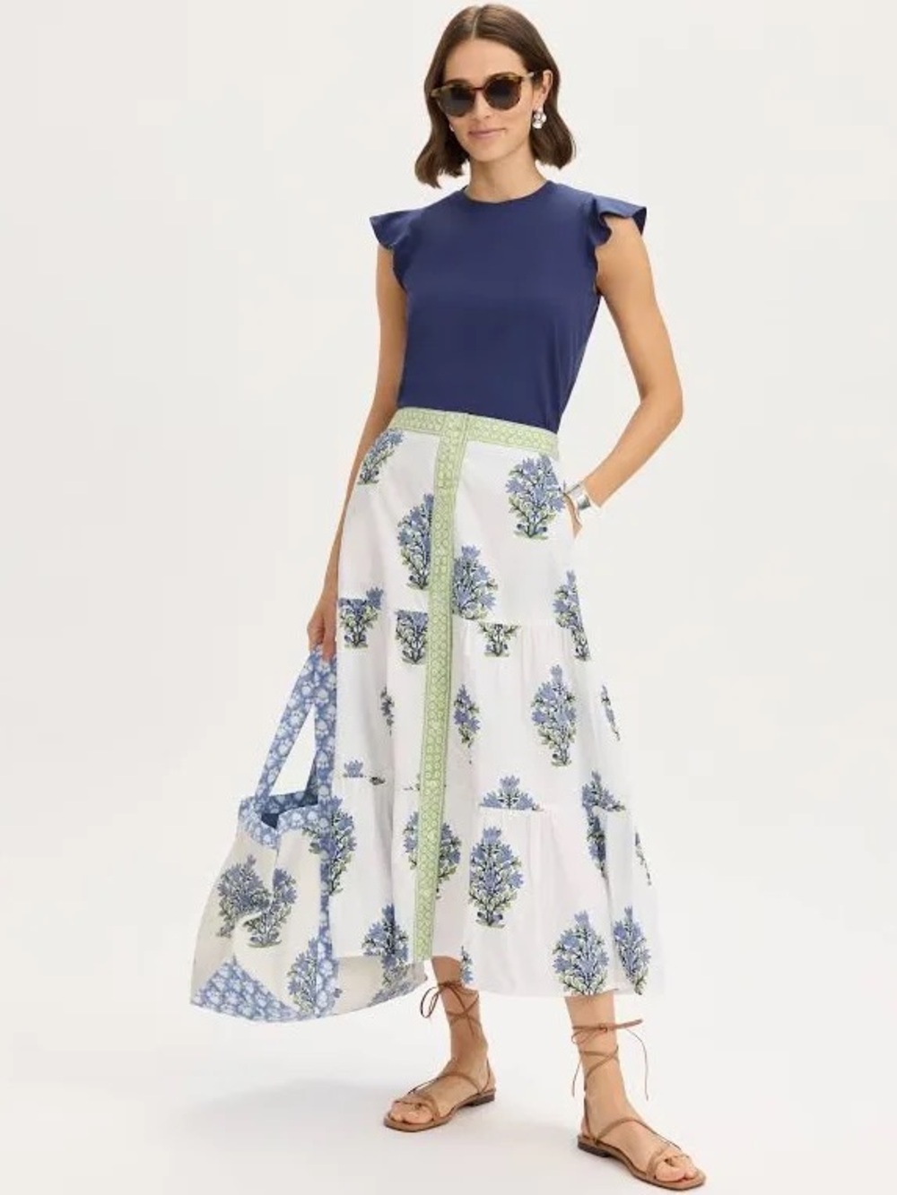 RNWK renwick Block Print button tiered maxi skirt medium new coastal preppy